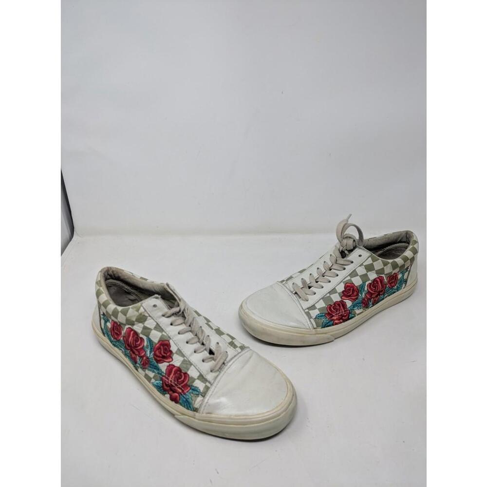 VANS Old Skool DX Rose Embroidery Marshmallow Checkered Skate Shoes-10.5 M 12 W